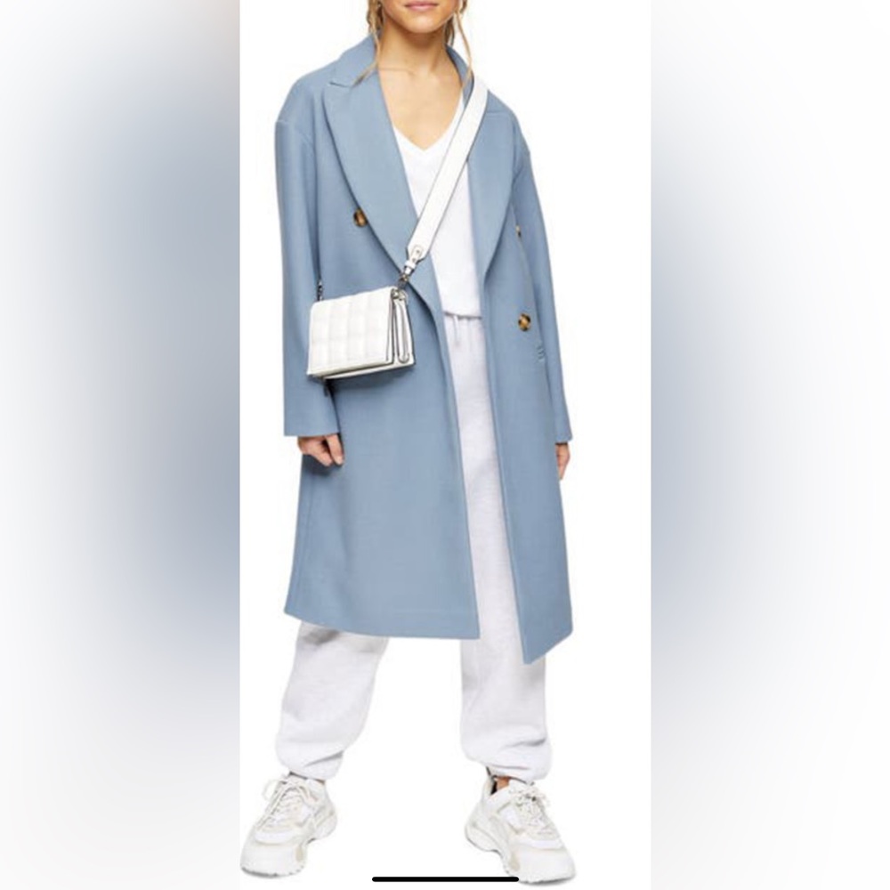 Topshop Brooke Double Breasted Long Coat 4 Peaked Lapels Collar Denim Blue.